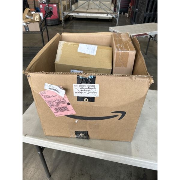 BOX OF HOUSEHOLD ITEMS INCLUDING BROODER HEATER LAMP, BOX OF PLASTIC SHOPPING BAGS, 6 PAIRS BABY PUM