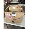 Image 1 : BOX OF HOUSEHOLD ITEMS INCLUDING BROODER HEATER LAMP, BOX OF PLASTIC SHOPPING BAGS, 6 PAIRS BABY PUM
