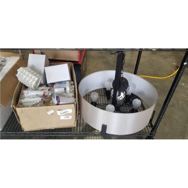 HANGING CHANDELIER LIGHT AND BOX OF ASSORTED NEW ELECTRICAL COMPONENTS, PLATES, EXTENSIONS, COUPLERS