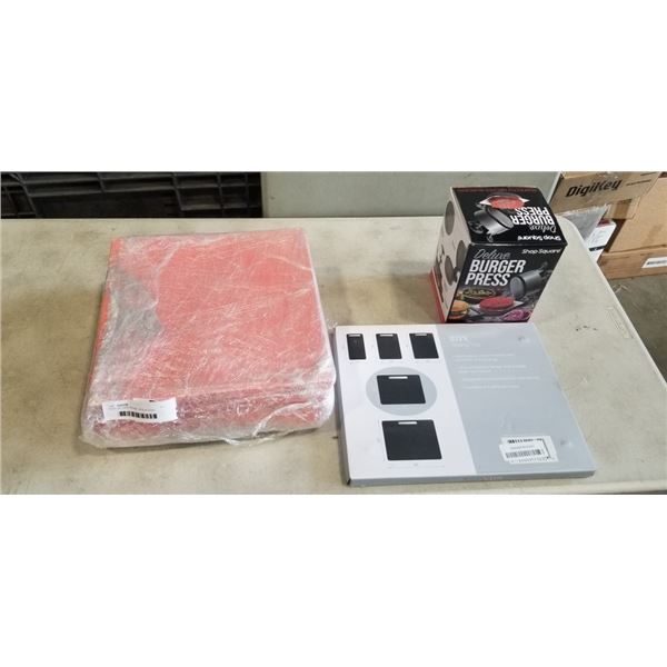 PACK OF CAKE BOXES, IBYX SLIDING APPLIANCE TRAY AND SHOP SQUARE DELUXE BURGER PRESS