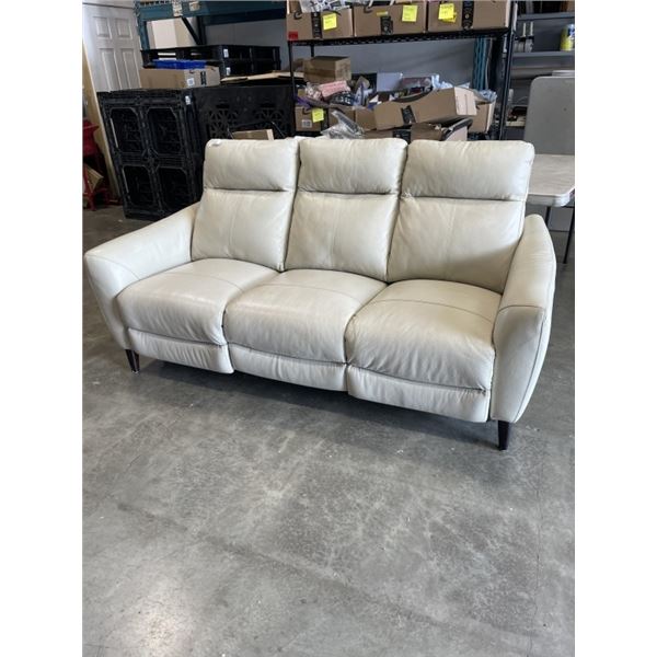 BEIGE LEATHER COUCH WITH RECLINING SIDE SEATS. WORKING