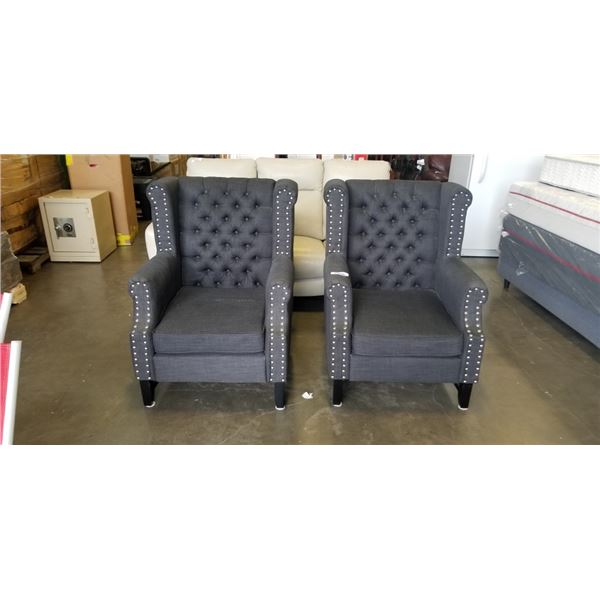 PAIR OF GREY ARMCHAIRS WITH SILVER NAILHEAD TRIM