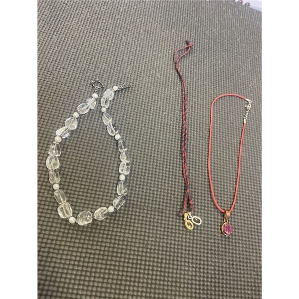 GLASS BEAD W/ PEARLS NECKLACE AND 3 SEMI PRECIOUS STONE PENDANTS