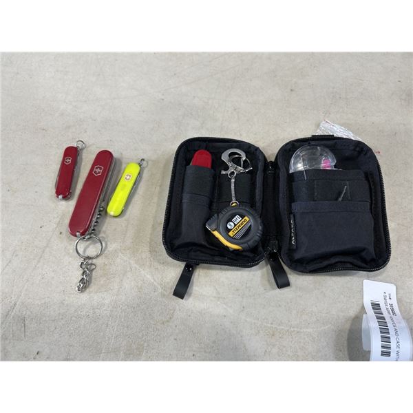 4 SWISS ARMY KNIVES AND CASE WITH MINI MEASURING TAPE, NAIL FILE, NAIL TRIMMER