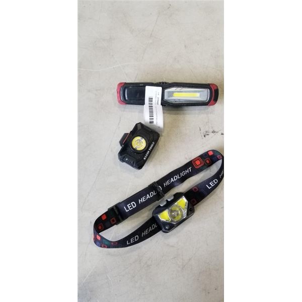2 HEADLIGHTS, 1 WITH STRAPPING AND LED WORKLIGHT