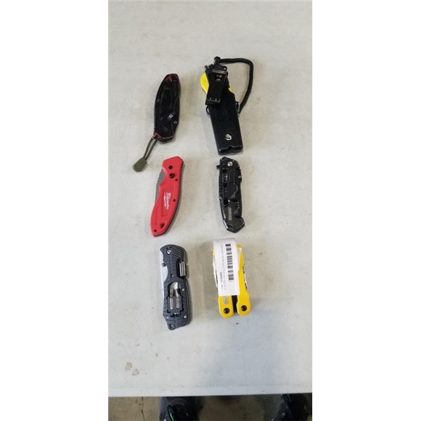 6 WORK KNIVES. 2 FROM MILWAUKEE, 1 FROM DEWALT, 1 FROM DURAMAX,  FRO KERSHAW, 1 FROM EASYCUT