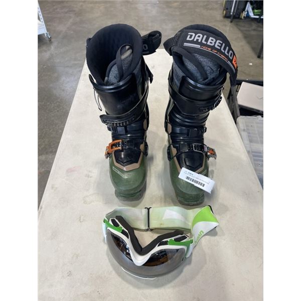 PAIR OF DALBELLO CABRIO SKI BOOTS AND UVEX SKI GOGGLES