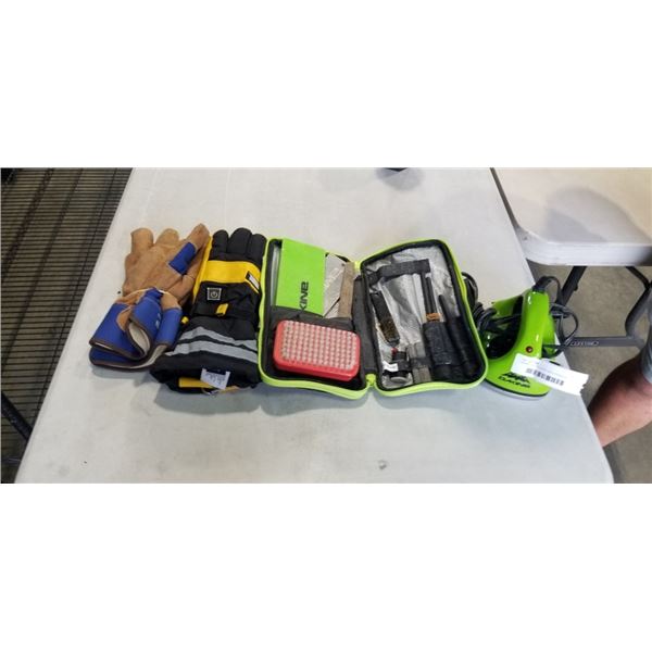 DAKINE WAXING IRON AND 2 PAIRS OF WORK GLOVES. 1 IS HEATED