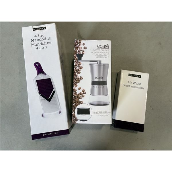 NEW EPARE COFFEE GRINDER W/ BEAN STORAGE , EPICURE AIR WAND, AND 4-IN-1 MANDOLINE