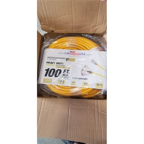 AS NEW 100FT HEAVY DUTY 3 OUTLET YELLOW EXTENSION CORD. 12AWG/3C
