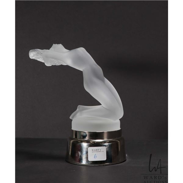 Rene Lalique, France "Chrysis" kneeling frosted glass car mascot hood ornament, model 1183, on heavy