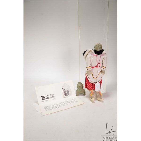 Anne Weetaluktuk hand made mother and child doll with craved green soapstone heads, 12" in height. I