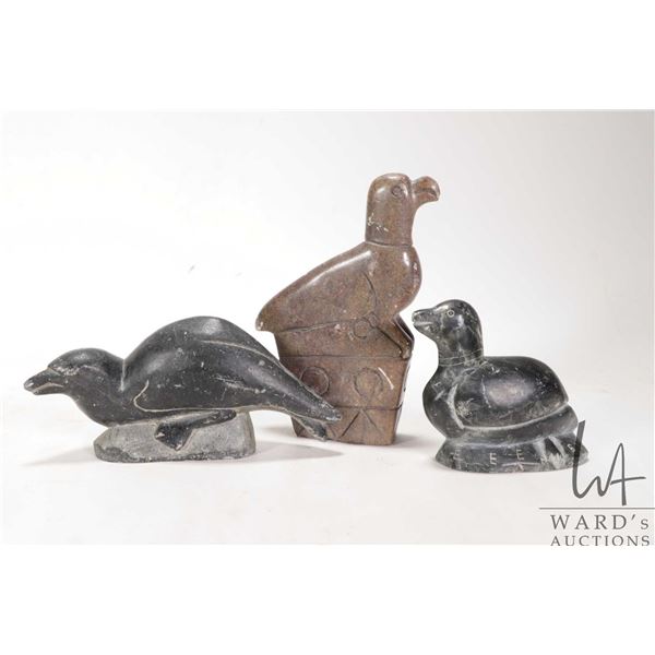 Three Inuit carved soapstone birds including 3 1/4", signed by artist Jose Pappy and numbered 1269 p