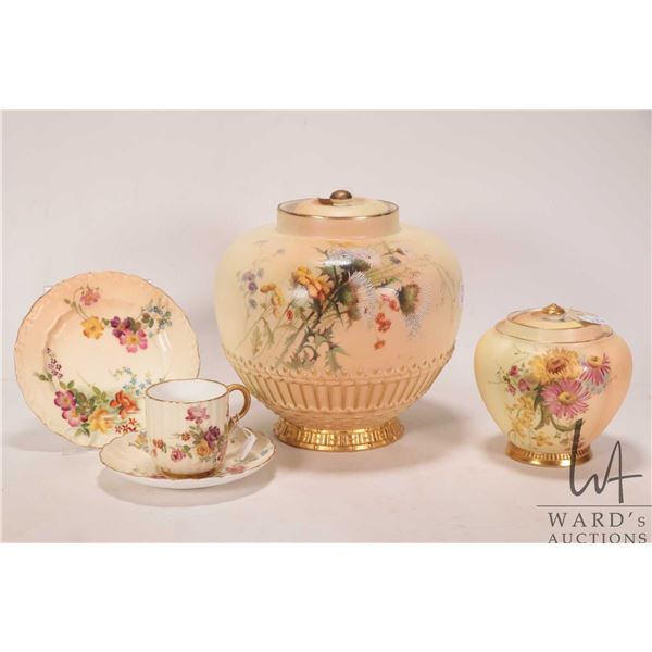 Selection of antique Royal Worcester Blush Ivory including lidded rose jar with hand painted florals
