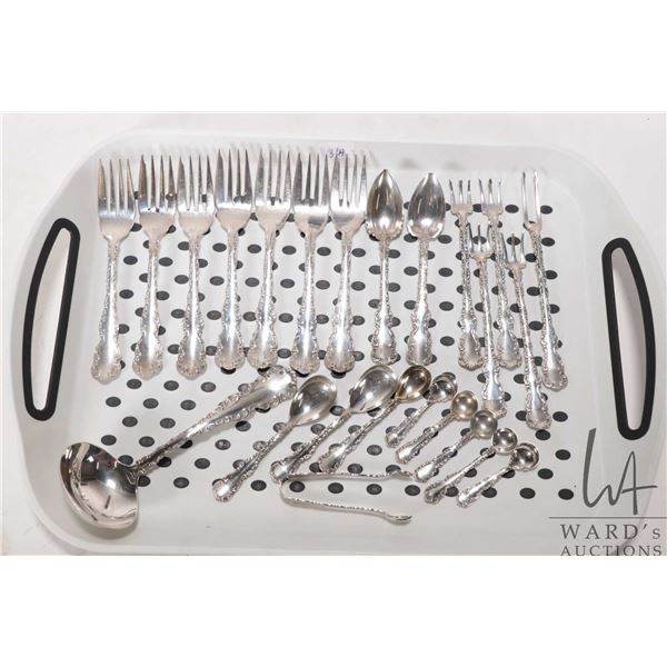 Selection of Birks sterling silver flatware including seven dessert forks, five pickle forks, sauce 