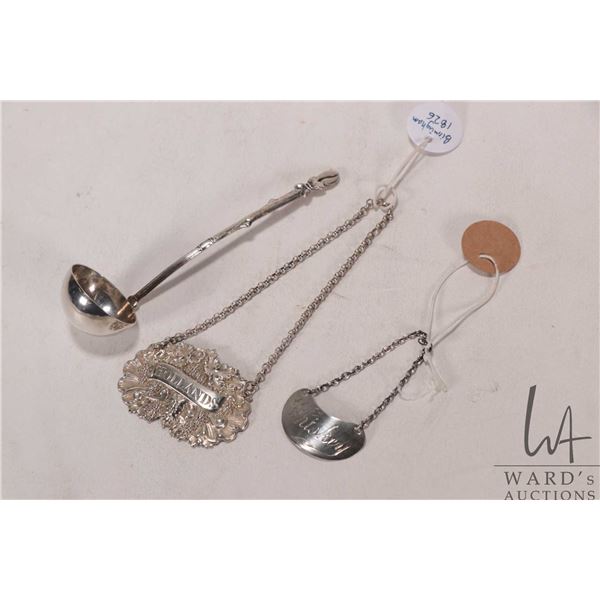 Selection of small antique/ vintage sterling items including bottle tags and small condiment ladle