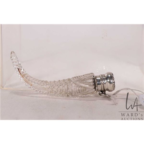 Antique Victorian horn shaped cut glass perfume bottle with original glass stopper and sterling silv