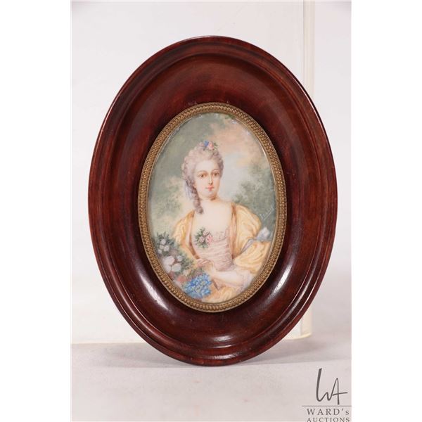 Antique oval framed miniature portrait on a French aristocratic lady, on vellum or ivory, marked on 