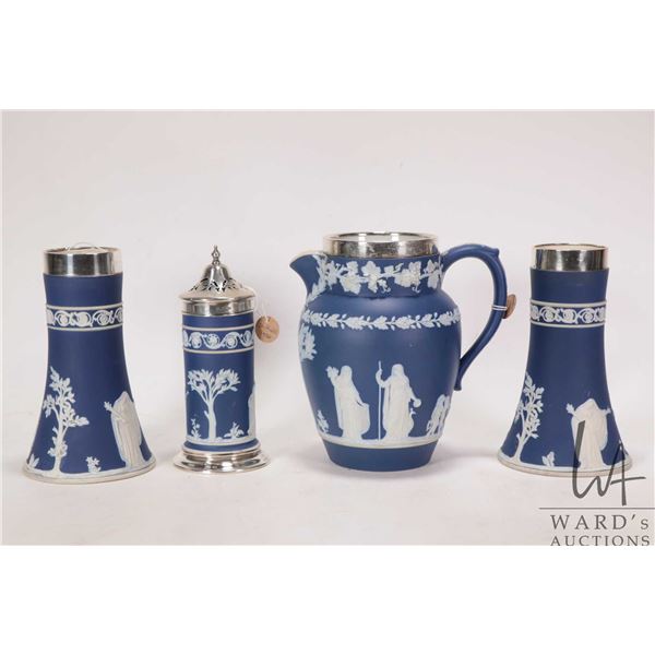 Selection of antique Jasperware including a pair of matched Adams vases with silver rims 6 1/4" in h
