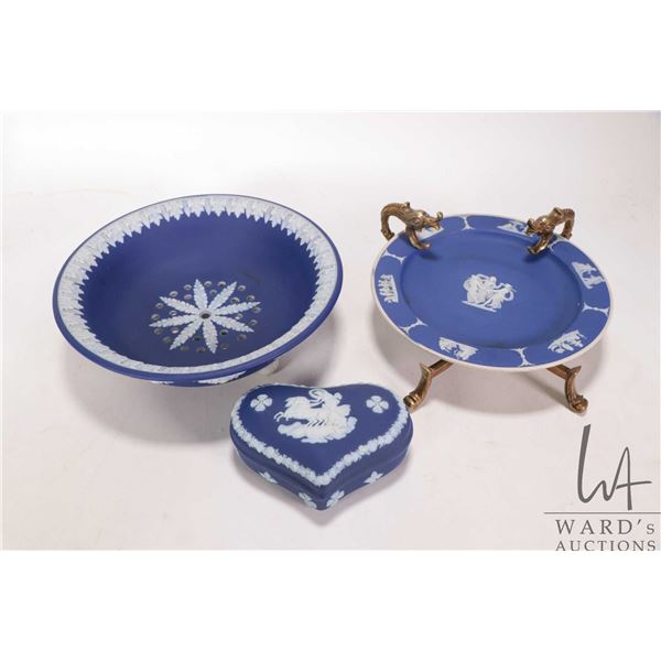 Three pieces of antique Jasperware including Etrusia plate with brass bird motif galley 7" in diamet