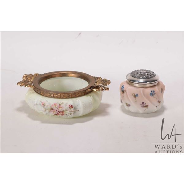 Two pieces of antique Wave Crest painted glass including trinket bowl with brass double handled gall