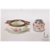 Image 1 : Two pieces of antique Wave Crest painted glass including trinket bowl with brass double handled gall