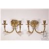 Image 1 : Pair of solid brass double candle sconces, each featuring a Sun King motif