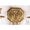 Image 2 : Pair of solid brass double candle sconces, each featuring a Sun King motif