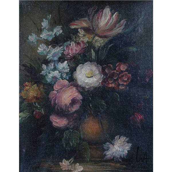 Vintage gilt framed original oil on canvas floral still-life, signed by artist, 9 1/2" X 7 1/2"