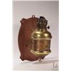 Image 1 : Vintage/ antique brass wall mounted oil lamp marked "English Make", 12" in height, mounted on wooden