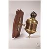 Image 2 : Vintage/ antique brass wall mounted oil lamp marked "English Make", 12" in height, mounted on wooden