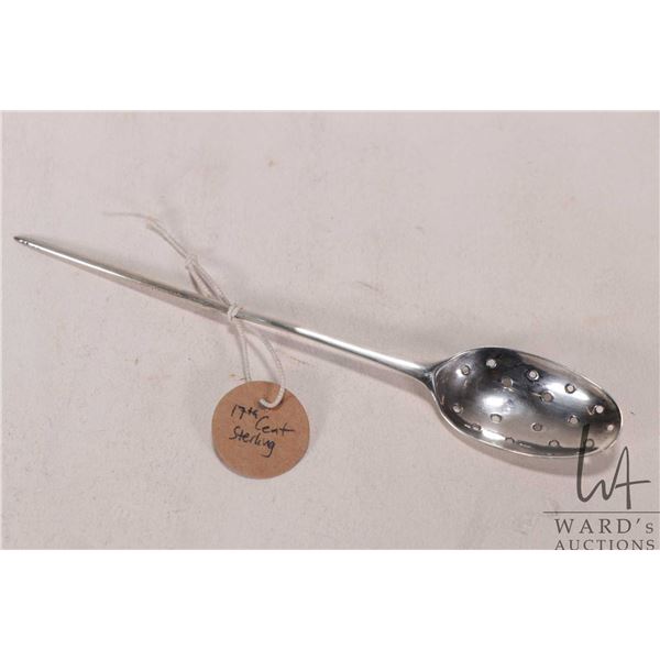Antique Georgian sterling silver mote spoon, with bowl used to skim tea leaves and spiked handle for