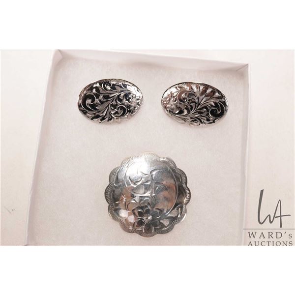 Birks chased sterling silver brooch and a pair of chased sterling silver screw back earring