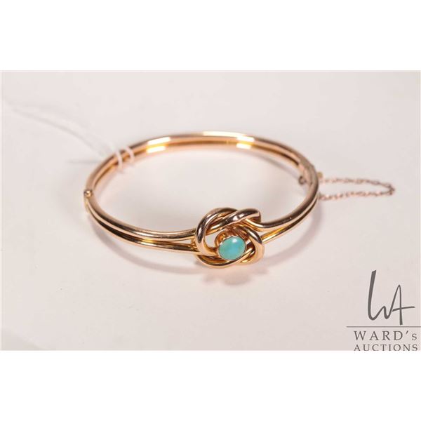 Antique Victorian 9ct yellow gold, love knot design hinged bracelet set with cabochon turquoise ston