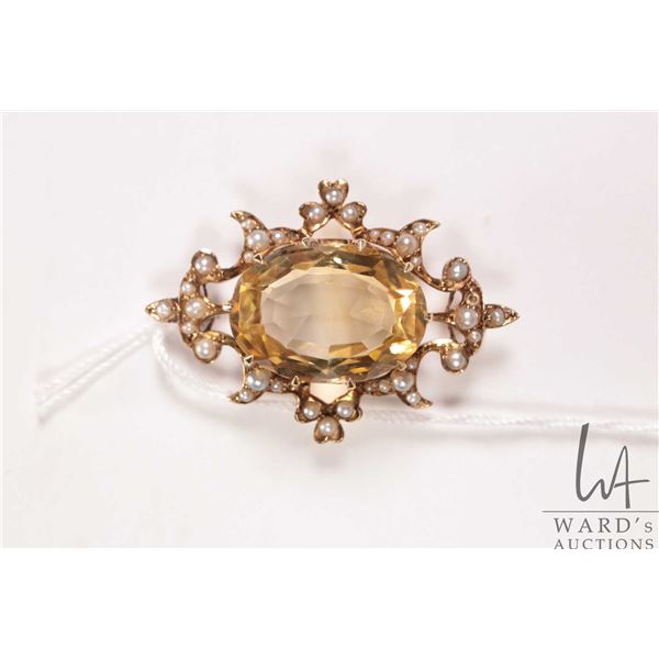 Antique tested 14kt gold, oval cut lemon citrine and seed pearl brooch