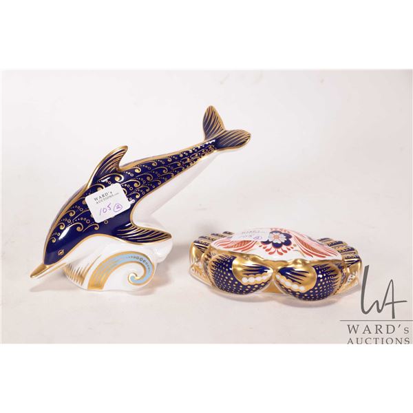 Two Royal Crown Derby Imari gold button paperweights including crab and dolphin