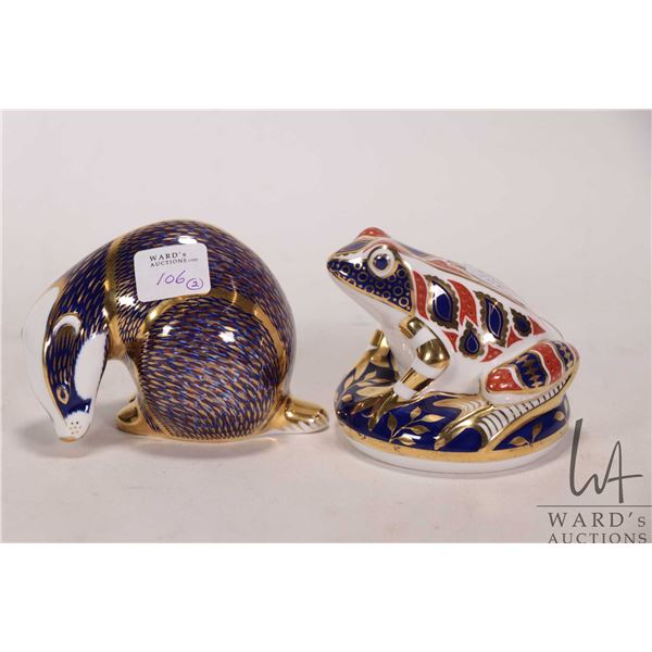 Two Royal Crown Derby Imari gold button paperweights including a badger and crab