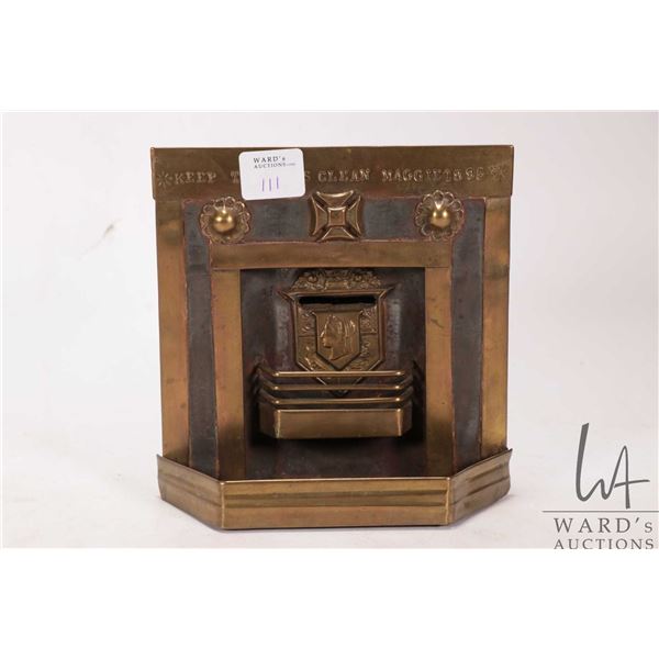 Antique brass fireplace bank "Keep the Ries Clean Maggie 1895" 5 3/4" in height, plus a brass Lochlo