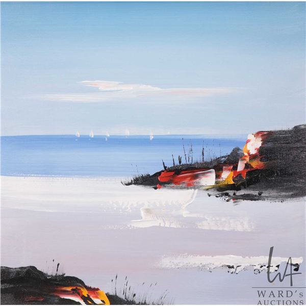 Silver chrome framed oil on canvas sea and skyscape painting, signed on verso by artist (?), 17 1/2"
