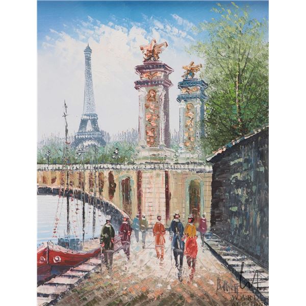 Artist signed acrylic on board painting of a dock side view of Saint-Martin canal, Paris, 16 1/2" X 