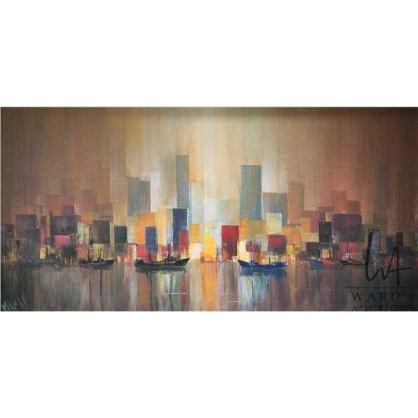 Artist signed, MCM oil on canvas abstract vertical cityscape, 23" X 48"