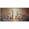 Image 1 : Artist signed, MCM oil on canvas abstract vertical cityscape, 23" X 48"