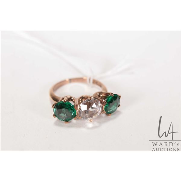 Vintage/ antique 14kt yellow gold three stone ring set with set with two green stones and one white 