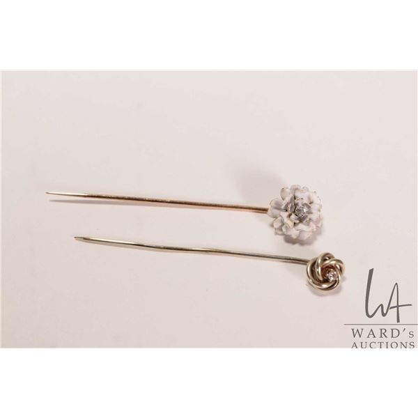 Two antique/ vintage 14kt yellow gold stick pins including enamel rose set with small genuine diamon