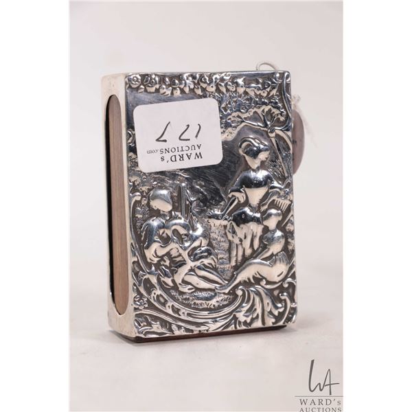 Antique sterling silver repousse match box cover, stamped London 1897, 3" X 2"