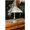 Image 1 : Vintage bronze lamp base with pyramid style floral motif shade, 21" in height
