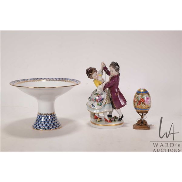 Antique Limoges hand painted egg on brass coy fish motif base, an antique Dresden/ Dresden style han