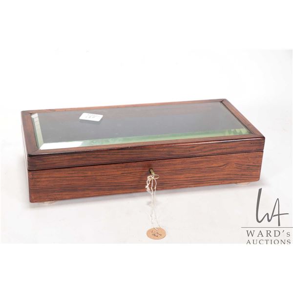 Antique rosewood vitrine with bevelled glass top and original key, 3" H X 11" L X 5" W