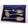Image 2 : Boxed set of possibly Georgian sterling silver berry spoons including sifter, each with early Englis