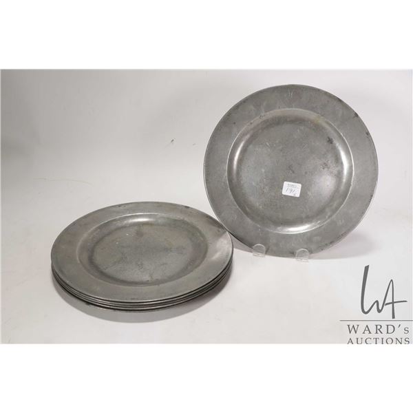 Six antique Watts, London pewter plates circa early 1800's, each 9 1/2" in diameter